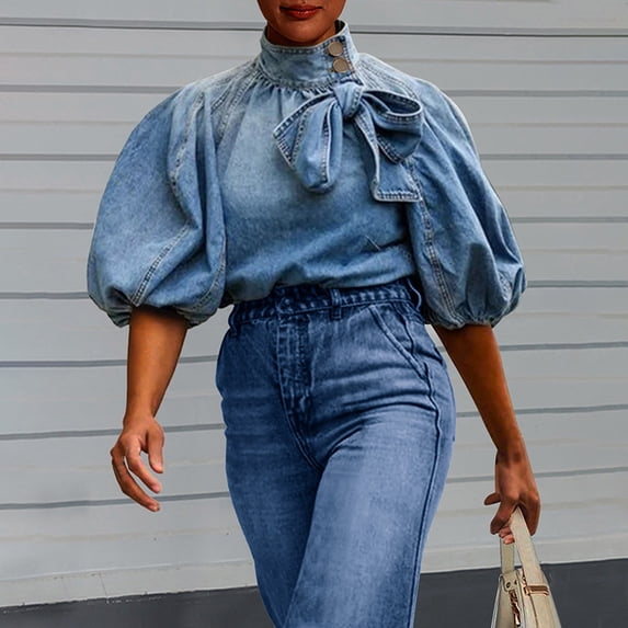 VIWORLD Women's Spring & Fall Denim Style Blouse - Puff Sleeve Design with Stand Collar & Bow Detail Light Blue,2XL