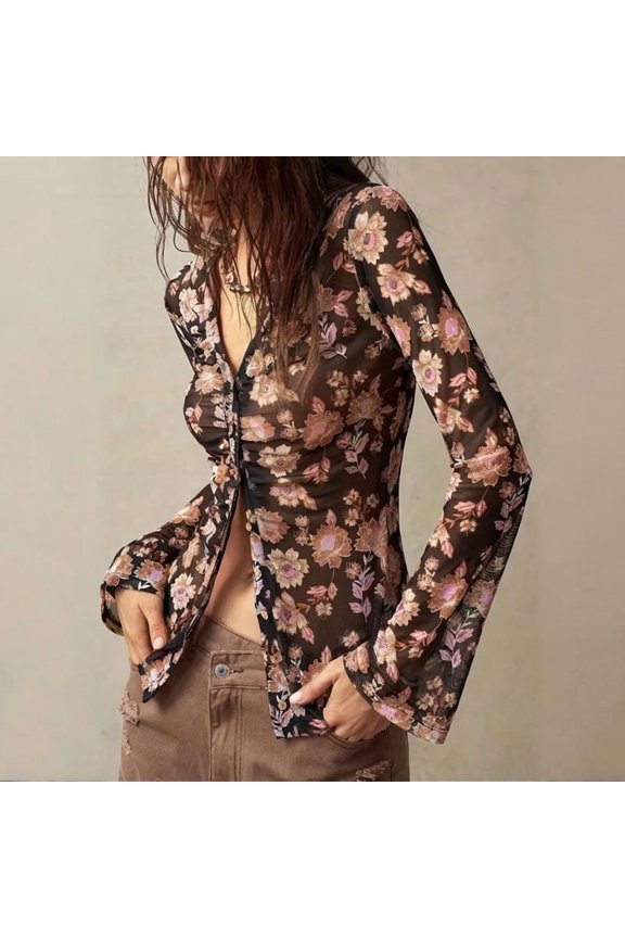 Women's Summer Boho Chic Long Sleeve Blouse - Button Down Floral Shirt with Ruffled Details Black，XL