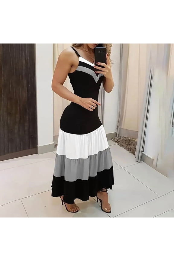 Women's Summer Casual V-Neck Spaghetti Strap Sleeveless Boho with Ruffle Detail Flowy Summer Long Dress Gray，XL