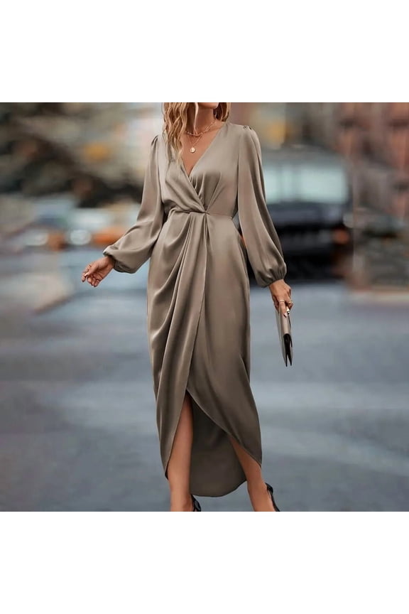 Women's V-Neck Asymmetrical Hem Maxi Dress Long Sleeve Elastic Cuff Draped Party Gown for Fall Spring Light Champagne，S
