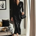thumbnail image 1 of VIWORLD Women's V-Neck & Long Sleeves Elegant Tie Waist Bodycon Satin Slip Midi Dress for Evening Party Black，XL, 1 of 3