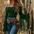 thumbnail image 1 of VIWORLD Women's Western Off Shoulder Fringe Top Cowgirl Style Long Sleeve Tassel Blouse Sexy Fitted Cowboy Top Green，S, 1 of 4