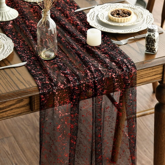 VIXARKO Beige Gold Gauze Table Runner 120 Inch 10FT, Glitter Metallic Foil Sheer Dining Wedding Anniversary Holiday Birthday Table Decor for Home Party