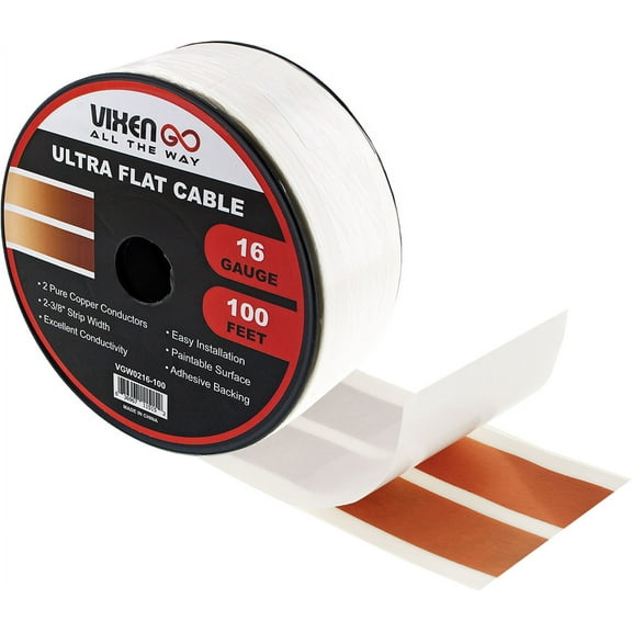 VIXEN GO Hidden Flat Wire 2 Conductor 16 Gauge Paintable Cable for LED LIGHTING, Smart Doorbell, Audio Speakers, LOW Voltage Appliances 100FT