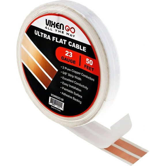 VIXEN GO Hidden Flat Wire 2 Conductor 23 Gauge Paintable Cable for LED LIGHTING, Smart Doorbell, Audio Speakers, LOW Voltage Appliances 50FT