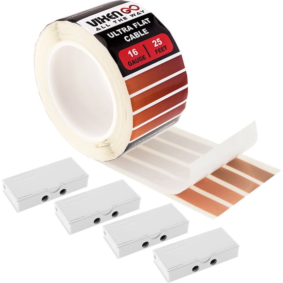 VIXEN GO Hidden Flat Wire 4 Conductor 16 Gauge Paintable Cable for Audio Speakers, Smart Doorbell, LED LIGHTING, LOW Voltage Appliances 25 FT + 4 Quick Connectors