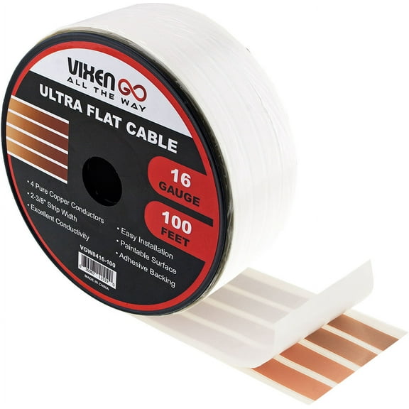 VIXEN GO Hidden Flat Wire 4 Conductor 16 Gauge Paintable Cable for Audio Speakers, Smart Doorbell, LED LIGHTING, LOW Voltage Appliances 100FT