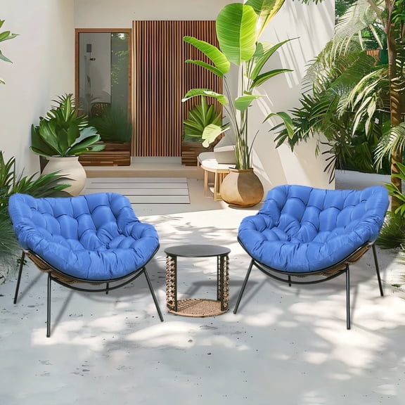 VIXLON 3 Piece Outdoor Steel Wicker Rattan Chair 'with' Side Table Thick Cushion, Brown/Blue