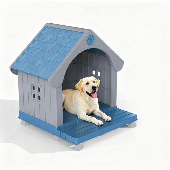VIXZEN Large Dog House Outdoor, Plastic Weatherproof Dog House Outdoor with Elevated Floor Open Front Easy Clean & Assemble Dog Houses for Large Dogs Outside (Blue Gray)