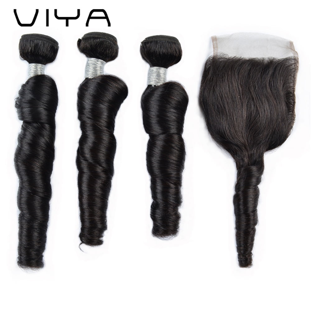 その他 Cowawa ZWA (Black Gliter) VIYA Romance Curl Hair Weave 3 Bundles with 4x4 Lace Closure 14 14
