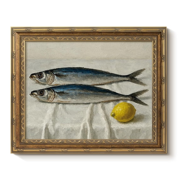 VIYYIEA Gold Framed Sardine Fish Still Life Wall Art with Plexiglass, Vintage Oil Sardine Canvas Print, Impressionist Lemon Poster Artwork, Kitchen Dining Room Decor 13x16 Inch