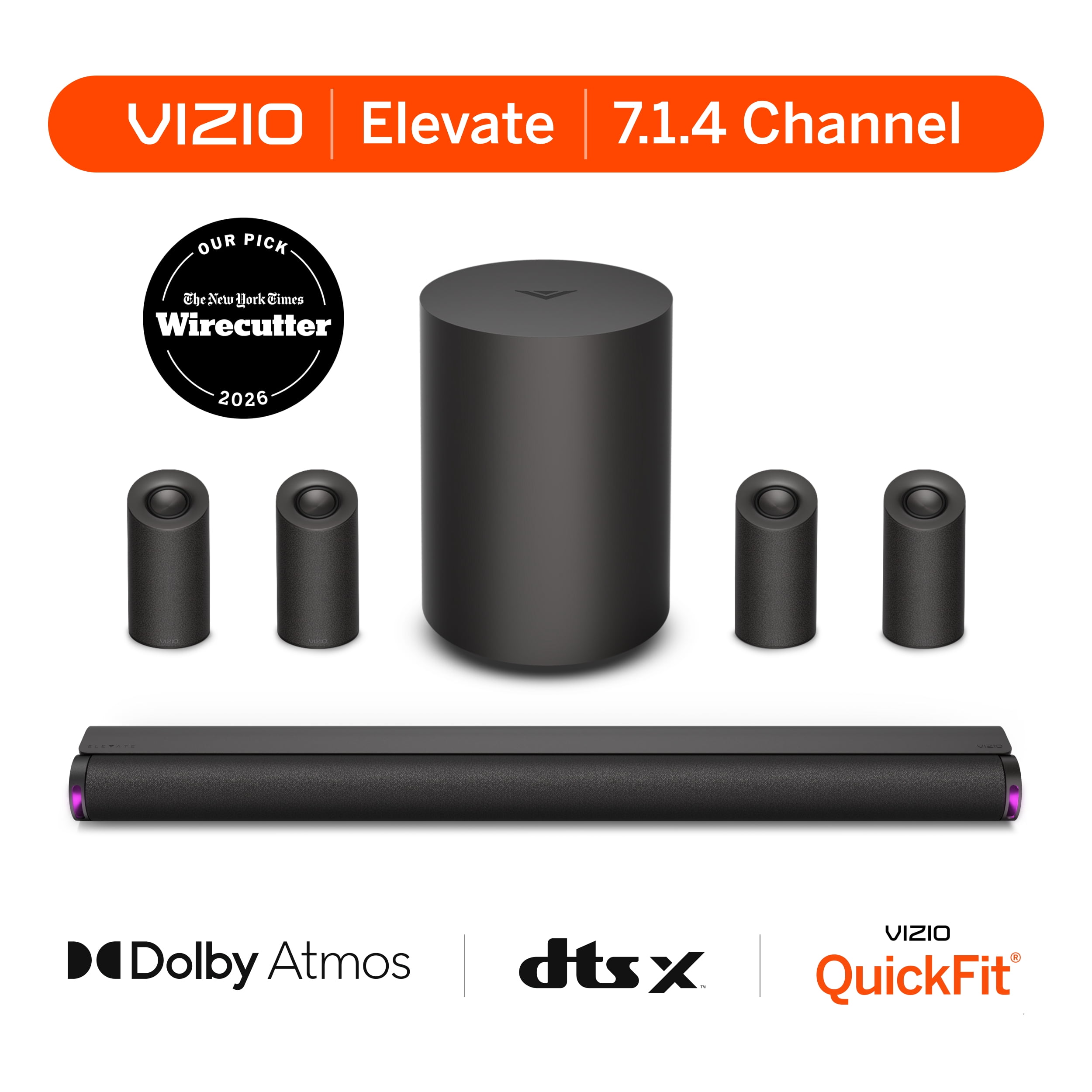 VIZIO Elevate 7.1.4 Pro Soundbar w/ Dolby Atmos, Wireless Surround Speakers & Subwoofer, QuickFit® Compatible (SL714PW-1006)