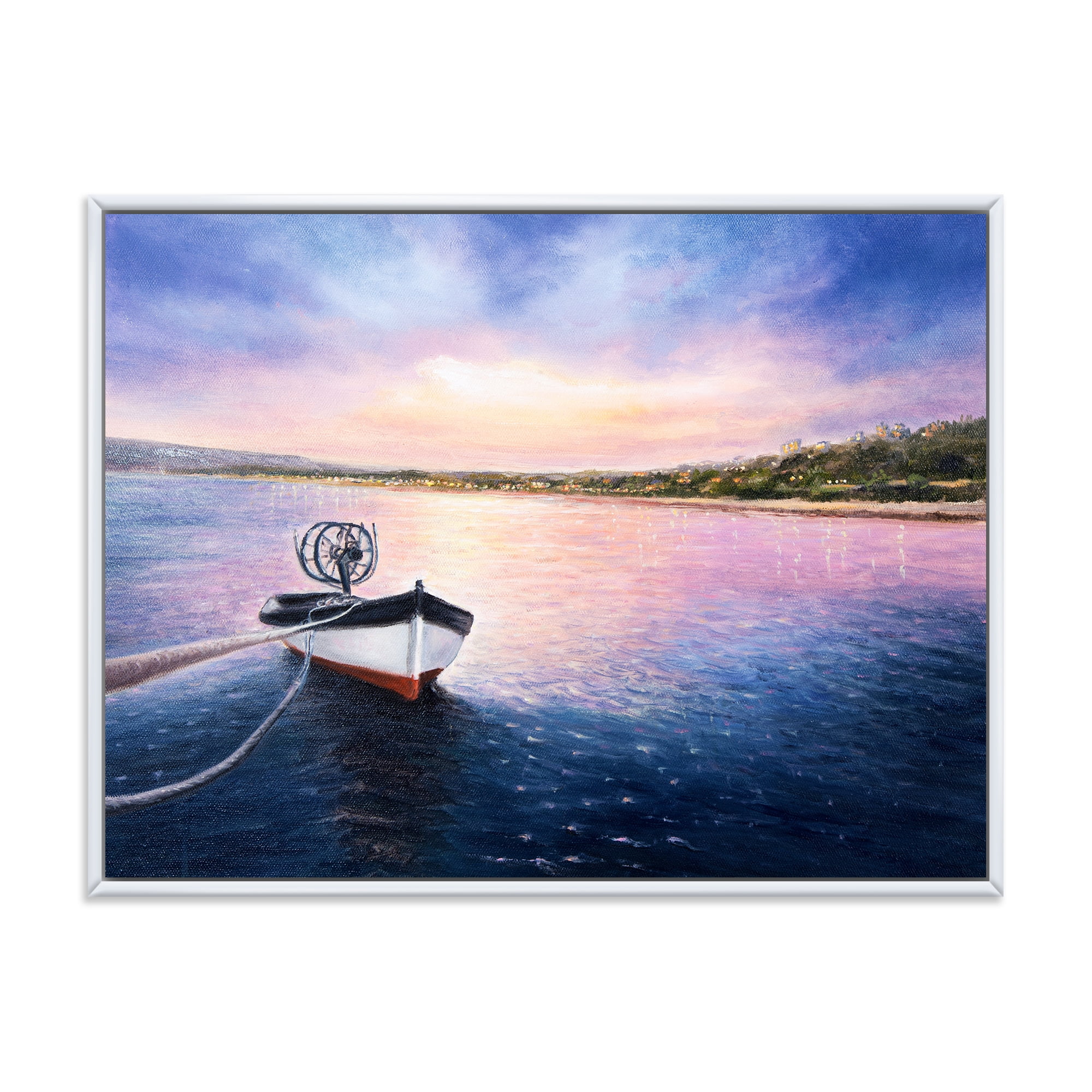 VIbrant Sunset Over Fishing Boat By The Shore 40 in x 30 in Framed Painting Canvas Art Print, by Designart