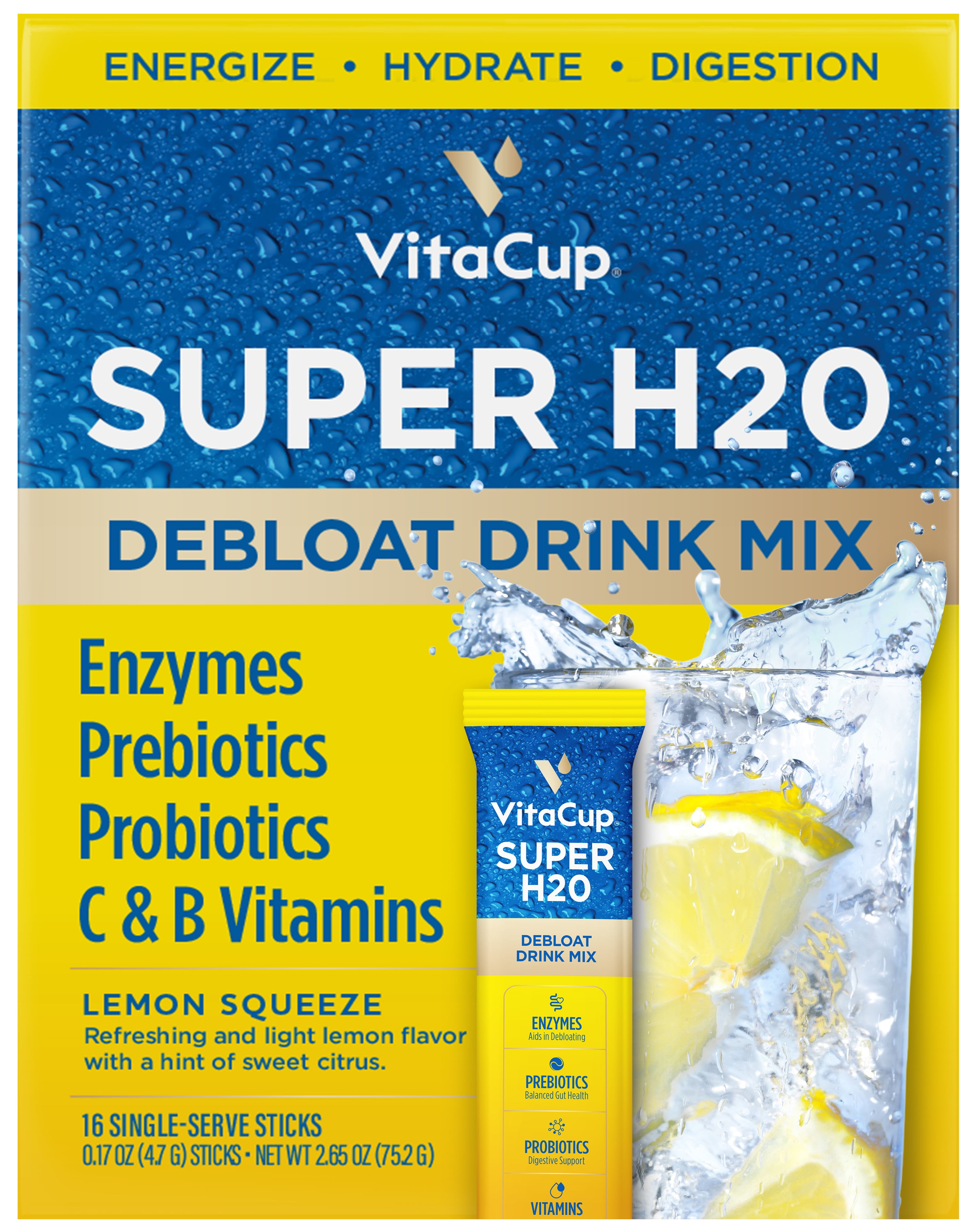 VItaCup Super H20 Bloating Relief Drink Mix Packets, Lemon Squeeze
