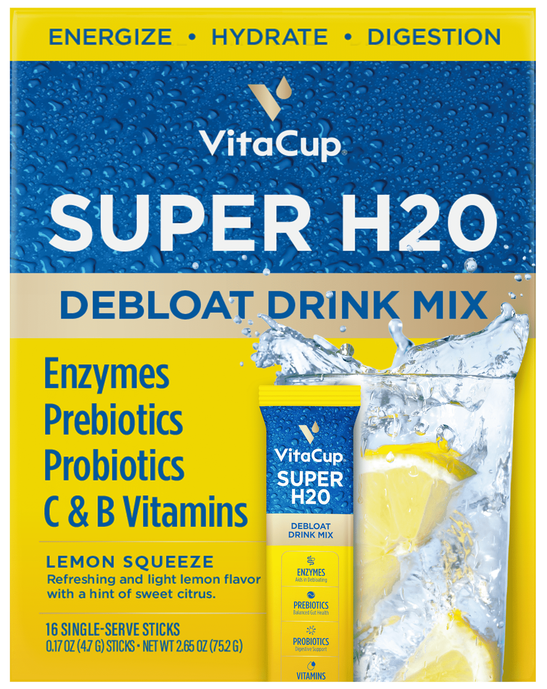 VItaCup Super H2O Bloating Relief Drink Mix Packets, Lemon Squeeze Flavor Water Enhancer, 16 ct
