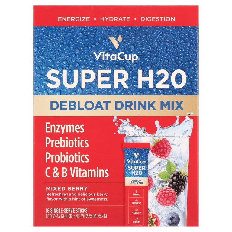 VitaCup Super H2O Bloating Relief Drink Mix 16 ct, Mixed Berry