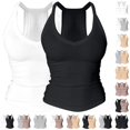 thumbnail image 1 of VJGBEGW 2 Pack Fashion Women V Neck Tank Tops with Built-in Shelf Bra Sleeveless Racerback Fitted Basic Cami Shirts Stretch Breathable Slim Fit Beige L, 1 of 7