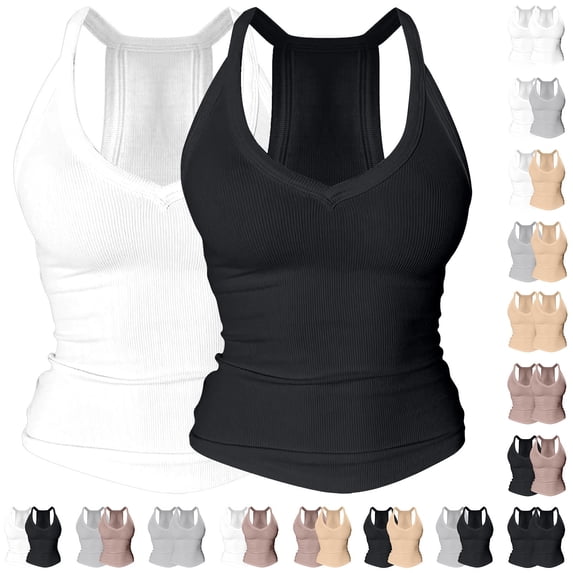VJGBEGW 2 Pack Fashion Women V Neck Tank Tops with Built-in Shelf Bra Sleeveless Racerback Fitted Basic Cami Shirts Stretch Breathable Slim Fit Beige L