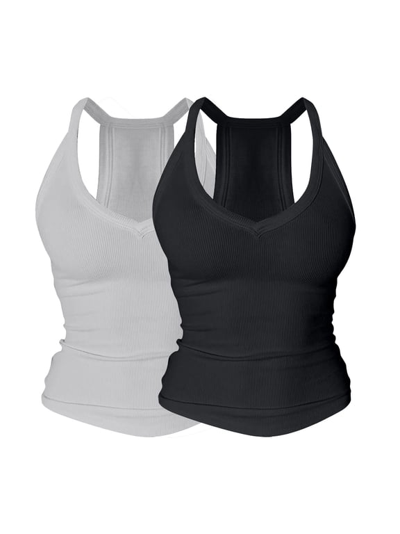 2 Pack Fashion Women V Neck Tank Tops with Built-in Shelf Bra Sleeveless Racerback Fitted Basic Cami Shirts Stretch Breathable Slim Fit Light Ashy XL