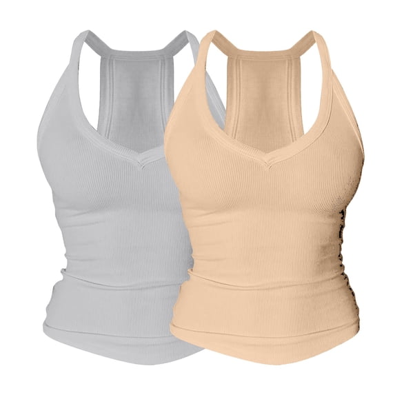 VJGBEGW 2 Pack Fashion Women V Neck Tank Tops with Built-in Shelf Bra Sleeveless Racerback Fitted Basic Cami Shirts Stretch Breathable Slim Fit Rose Gold L