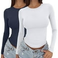 thumbnail image 1 of VJGBEGW 2 Pack Women Long Sleeve Crew Neck Shirts Basic Tops Slim Fit Ruch Side Tees Going Out Layering Thirts Multicolor #1 M, 1 of 7