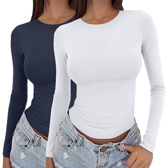 VJGBEGW 2 Pack Women Long Sleeve Crew Neck Shirts Basic Tops Slim Fit Ruch Side Tees Going Out Layering Thirts Multicolor #1 M