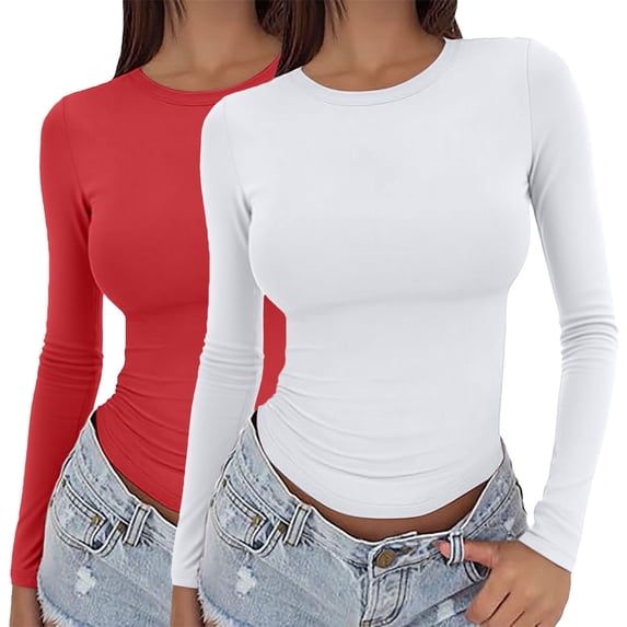 VJGBEGW 2 Pack Women Long Sleeve Crew Neck Shirts Basic Tops Slim Fit Ruch Side Tees Going Out Layering Thirts Multicolor #11 L