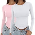 thumbnail image 1 of VJGBEGW 2 Pack Women Long Sleeve Crew Neck Shirts Basic Tops Slim Fit Ruch Side Tees Going Out Layering Thirts Multicolor #4 XS, 1 of 7