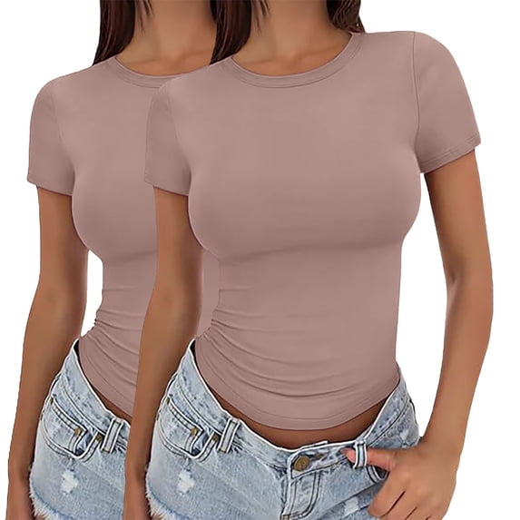 VJGBEGW 2-Pack Womens Short Sleeve Crop Top Crew Neck Y2K Shirt Sexy Slim Fitted Casual Base Layer Soft Workout Shirt Going Out Tops Light Brown XS