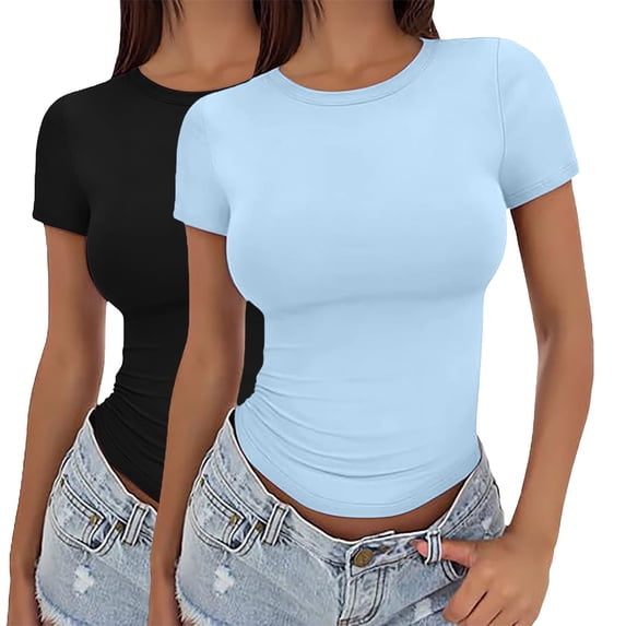 VJGBEGW 2-Pack Womens Short Sleeve Crop Top Crew Neck Y2K Shirt Sexy Slim Fitted Casual Base Layer Soft Workout Shirt Going Out Tops Multicolor#7 S