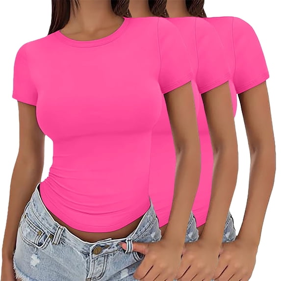 VJGBEGW 3-PACK Basic Tees for Women Slim Fit Short Sleeve T Shirts Crew Neck Casual Cute Y2K Clothes Trendy Crop Tops Outfits 2026 Hot Pink M