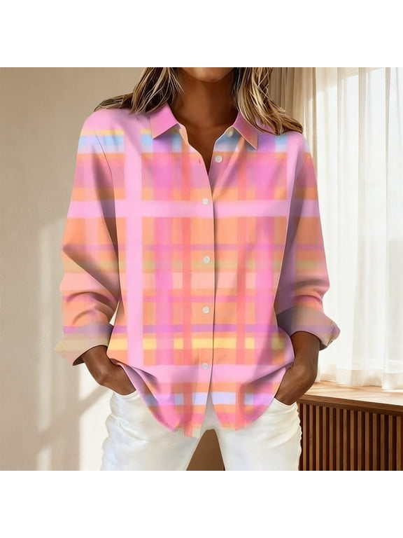 Button Down Shirts for Women Plaid Long Sleeve Loose Fit Shirt Spring Summer Ladies Top Casual Blouse Trendy Tops Pink3 XL