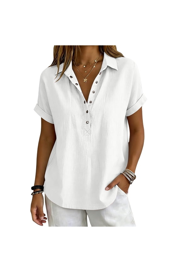 Cotton Linen Tops for Women Short Sleeve Collared Summer Shirts Snap Button Up Lightweight Business Work Blouse Casual Tunic Tops