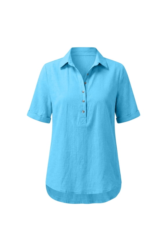 Women's Summer Short Sleeve Button Down Collared High-Low Shirt Rolled Cuff Casual Cotton Linen Tunic Blouse Sky Blue L