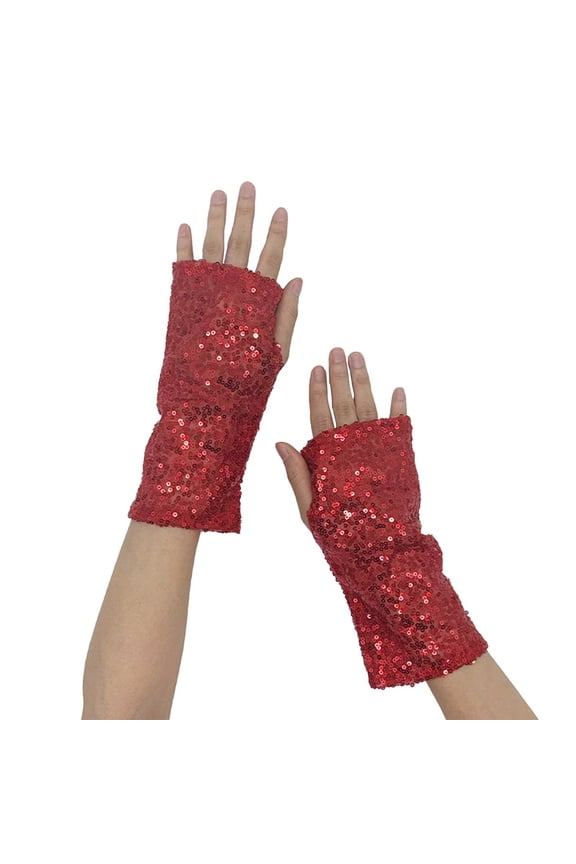 Fingerless Sequin Gloves Stretchy Sparkly Glitter Half Finger Gloves for Women Adult Costume Accessory Gloves Red One Size