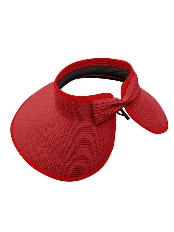 Foldable Straw Sun Visor Hats for Women Wide Brim Summer Beach Hat Packable Ponytail Visors Adjustable Sun Protection Red