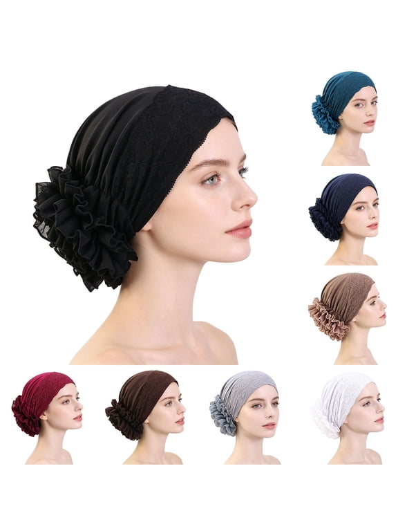 Lace Trim Pre-Tied Turban Headscarf Hat for Women Floral Lace Ruffle Side Chemo Head Wrap Soft Stretch Breathable Hair Cover Head Scarf Cap Black One Size