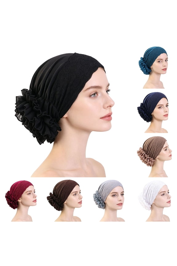 Lace Trim Pre-Tied Turban Headscarf Hat for Women Floral Lace Ruffle Side Chemo Head Wrap Soft Stretch Breathable Hair Cover Head Scarf Cap Black One Size