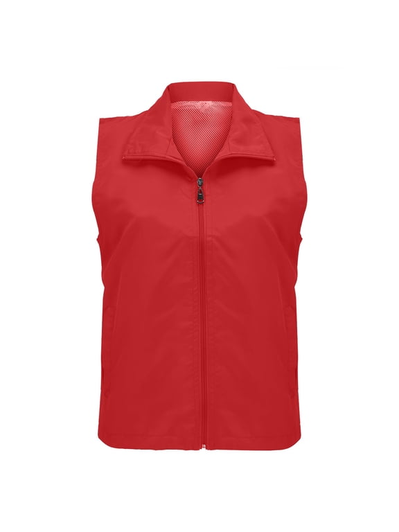 Men Women Lightweight Sleeveless Vest Casual Lapel Zipper Jacket Mesh Lined Outdoor Outerwear With Side Pockets Red S