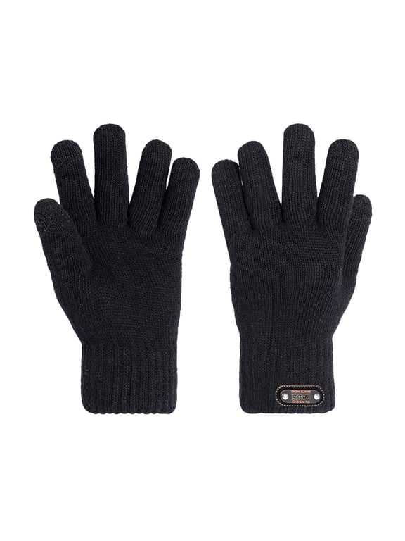 Men’s Solid Warm Knit Winter Gloves, Thick Elastic Ribbed Cuff Thermal Full Finger Knitted Gloves Outdoor Use Black One Size