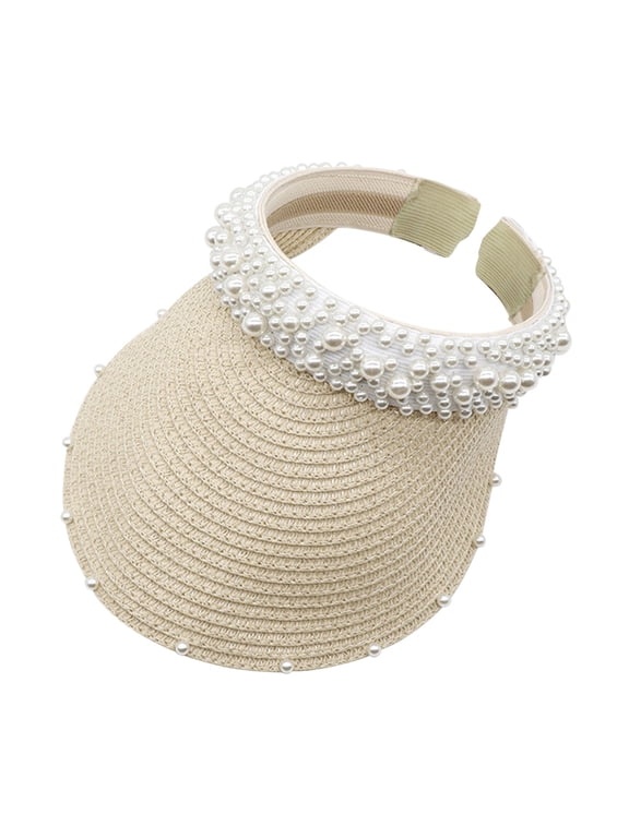 Pearl Embellished Straw Sun Visor Hat for Women Wide Brim UV Protection Summer Beach Hat with Ponytail Opening Top Beige