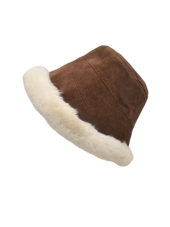 Reversible Winter Bucket Hat Elegant Fuzzy Bucket Hat Corduroy Trendy Winter Hat Fluffy Warm Fashionable Fleece Hat Coffee One Size