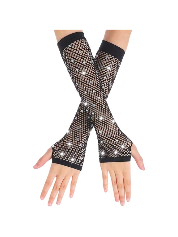 Rhinestone Fishnet Gloves Long Fishnet Fingerless Gloves Fish Net Arm Sleeves 80s Halloween Party Gloves for Women