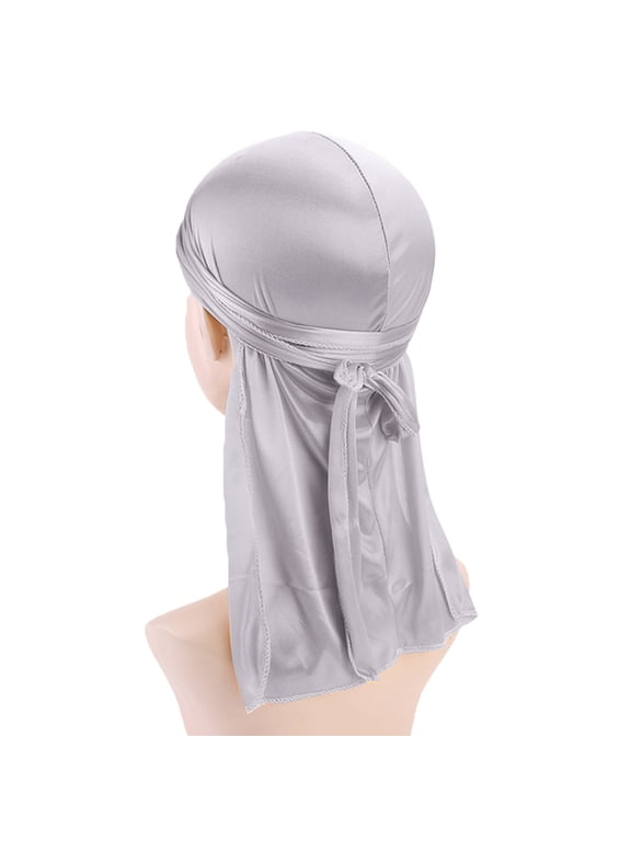 Silky Durag Headwraps Dorag for Men Women Waves with Long Tail and Wide Straps #2 Grey