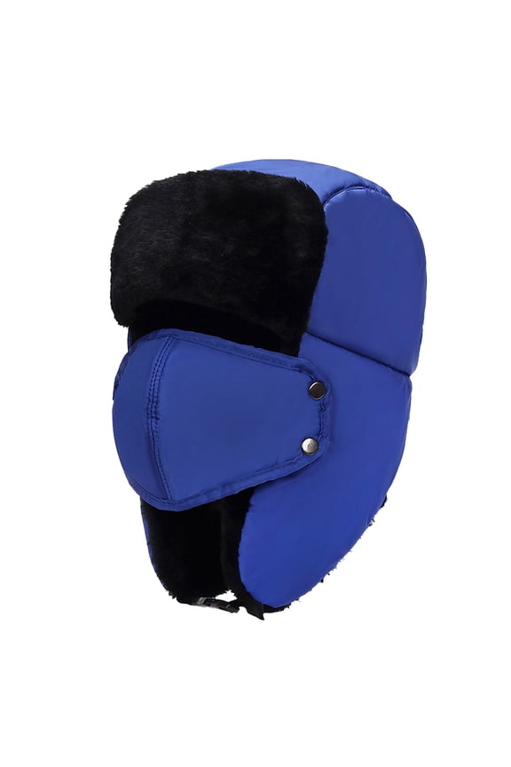 Unisex Lined Trapper Hat With Detachable Face Mask Windproof Ear Flap Winter Bomber Hat Thermal Cold Weather Snow Hat For Skiing Blue One Size