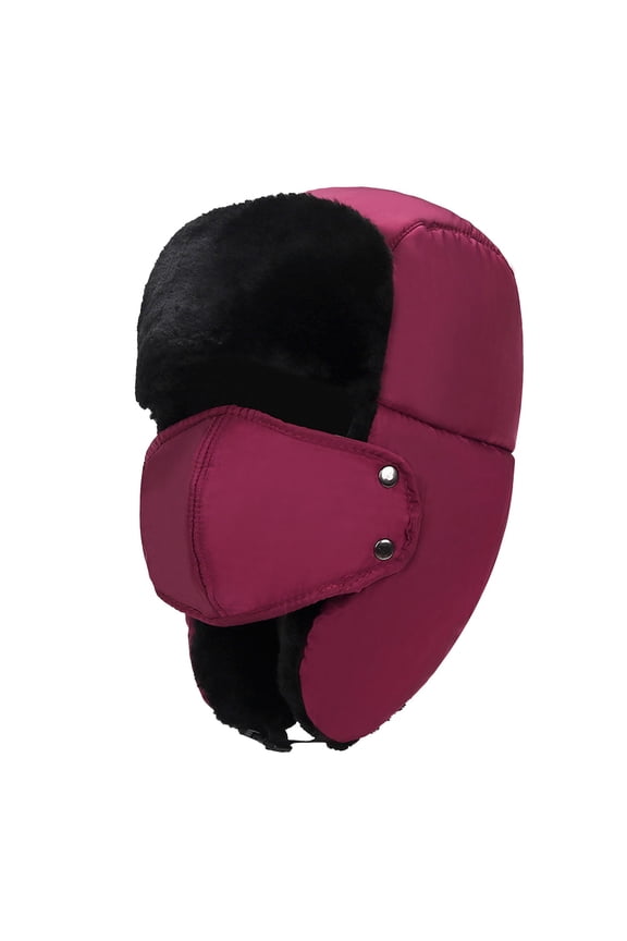 Unisex Lined Trapper Hat With Detachable Face Mask Windproof Ear Flap Winter Bomber Hat Thermal Cold Weather Snow Hat For Skiing Wine One Size