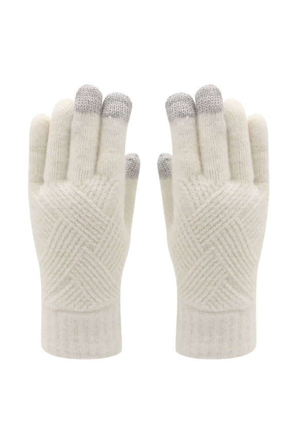 Unisex Thick Lined Cable Knit Touch Screen Winter Gloves Elastic Warm Windproof Full Finger Thermal Knitted Gloves Solid Colors White One Size