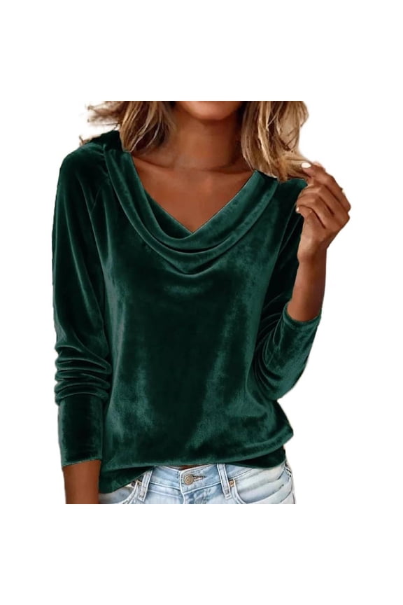 Velvet Tops for Women Cowl Neck Long Sleeve Shirt Trendy Dressy Casual Holiday Blouses Office Winter Ruched Tops Deep Green XL