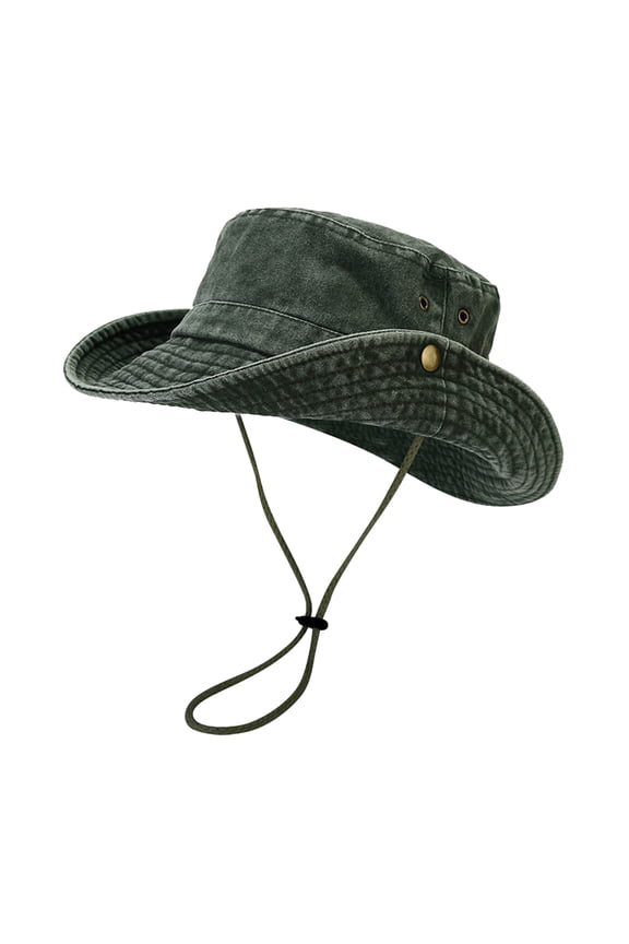 Vintage Washed Cotton Bucket Hat with Chin Strap Foldable Wide Brim Boonie Cap for Men Women Breathable Sun Visor Caps Green One Size