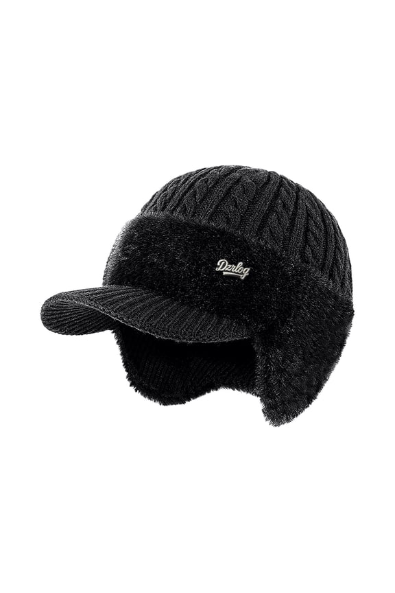 Winter Hat with Visor Warm Lined Ear Protection Beanie Hat with Brim Knit Cuff Cap for The Cold Weather Black